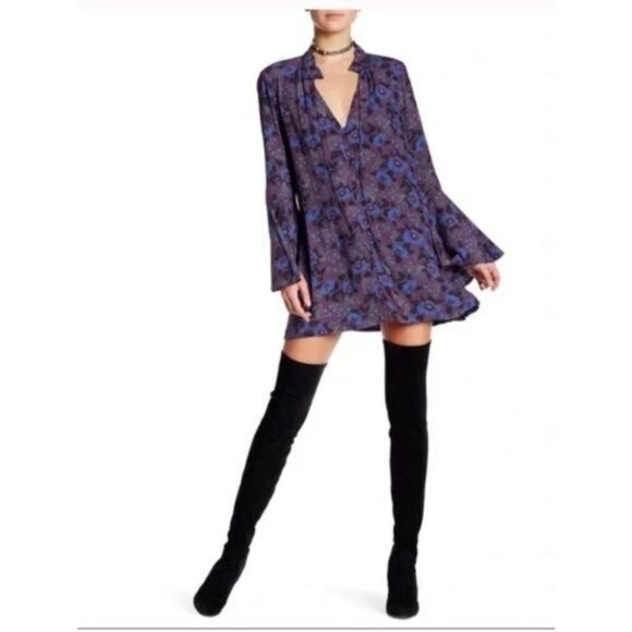 Free People Magic Mystery Print Tunic Dress Floral Boho Dress bell sleeves small - Picture 3 of 10